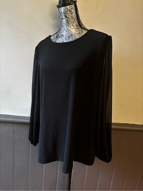 Nicole Miller Black Long-Sleeve Top with Sheer Sleeves